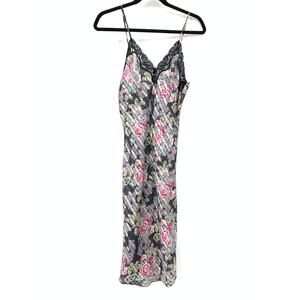 Vintage 90s Cinestar Striped Floral Print Slip Dress Womens Sz S Lace Trim